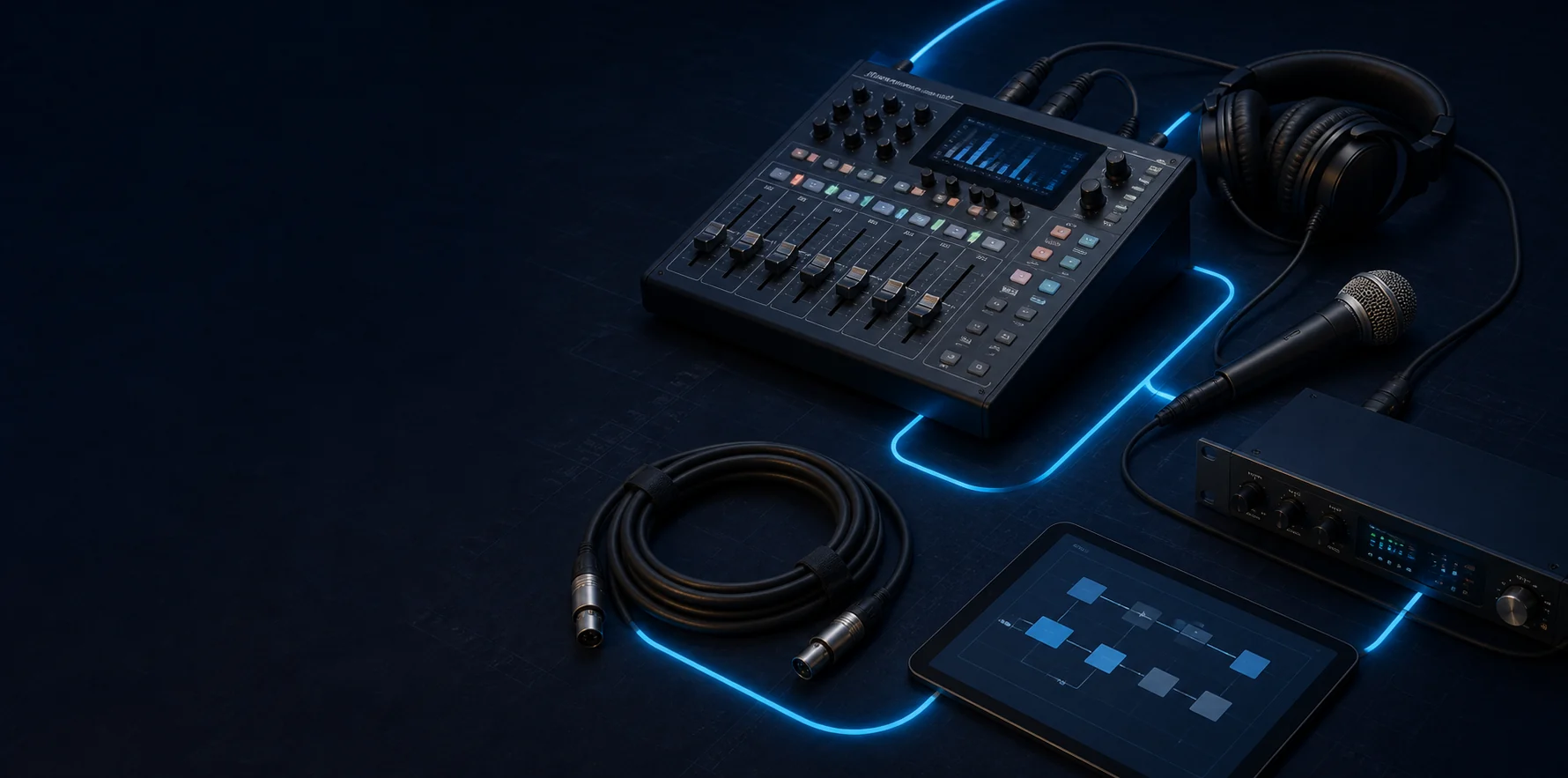 Mesa com console de áudio, microfone, cabos e equipamentos conectados por um caminho luminoso