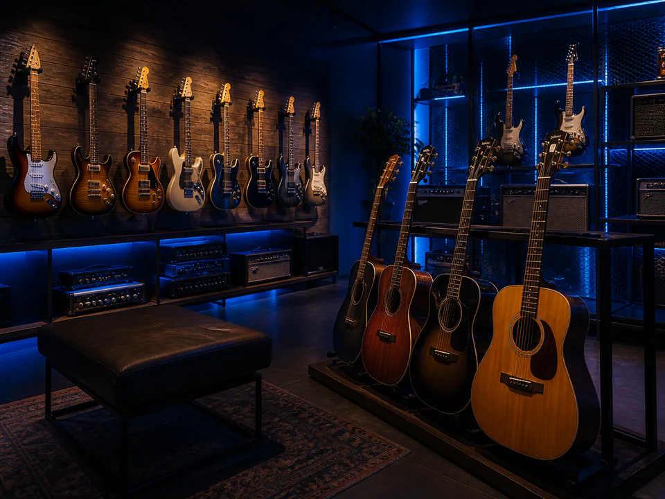 Início 3 Seleção de guitarras em ambiente de instrumentos